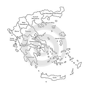 Vector isolated illustration of simplified administrative map of Greece. Borders and names of the regions. Black line silhouettes
