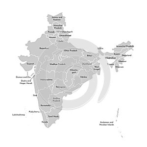 Vector isolated illustration of simplified administrative map of India. Borders and names of the states