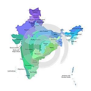 Vector isolated illustration of simplified administrative map of India. Borders and names of the states. Multi colored silhouettes