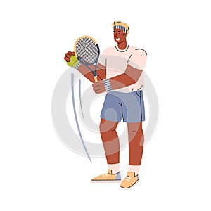 Vector isolated illustration of Tennis player dark skinned man holds the ball in his hand and wants to throw with a