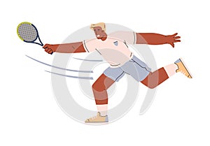 Vector isolated illustration of Tennis player dark skinned man in a hurry to catch and hit the ball with a racket