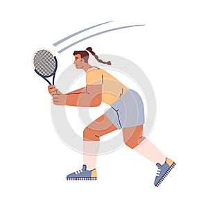 Vector isolated illustration of Tennis player woman with a pigtail prepared to hit the ball with a racket