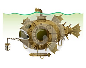 Vector isolated image of the complex fantastic submarine in the form of fish with machinery, equipment and armament