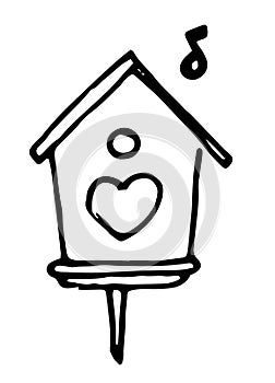 Vector isolated picture of a birdhouse with a heart and a musical note, hand-drawn in the doodle style, black line on a white