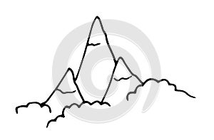 Vector isolated polygonal mountain top with ice at the top drawn by hand with a black line on a white background