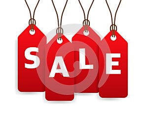 Vector isolated red hanging sales tags with optional transparent ground shadow.