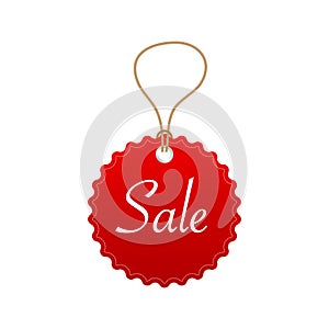 Vector isolated red hanging sales tags with optional transparent ground shadow. Vector illustration.