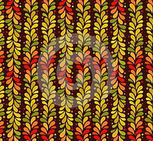 Vector isolated seamless autumn colored vertical line of leaves background. September, october, november simple pattern