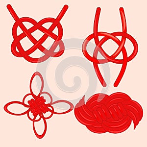 Vector set of red rope knots of various shapes