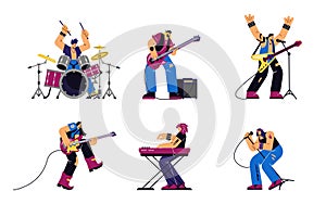 Vector isolated set of Rock band musicians, guitar player, pianist, vocalist and drummer playing rock music in