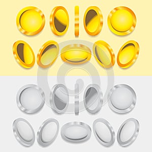 Vector isolated set of spinning gold and silver coin