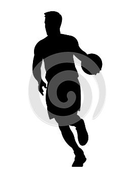 Black silhouette of a basketball player runs with a ball and dribbling