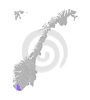 Vector isolated simplified illustration with grey silhouette of Norway, violet contour of Vest-Agder photo