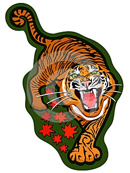 Vector isolated sticker with angry tiger on dark green background.