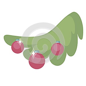 Vector isolated on a white background drawing a green branch of a Christmas tree with red balls toys