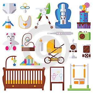 Vector isolated on white background set with kids and childhood objects like toys, crib, swing, baby carriage, bottles and nipple