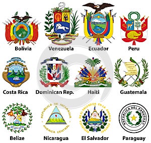 Vector isolated on white coat of arms of Central and South American countries