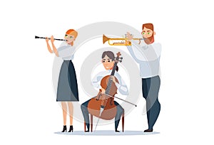 Vector isolated on white group of people playing musical instruments as cello, flute, trumpet. Beautiful people playing classical