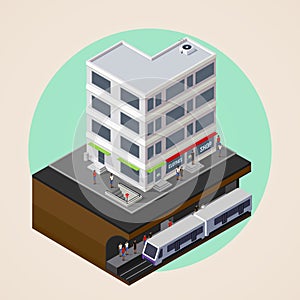 Vector isometric 3d illustration of city street, building and metro, subway or underground station. rapid transit system.