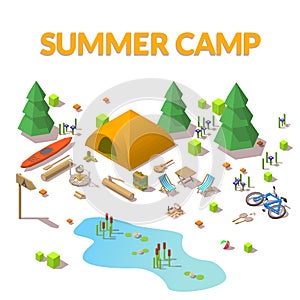 Vector isometric 3d low poly elements in the camping site