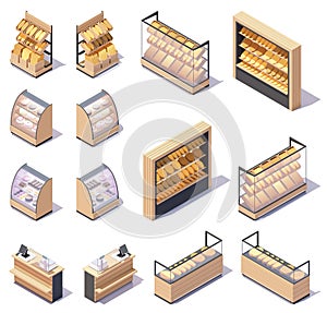 Vector isometric bakery store stands and shelves