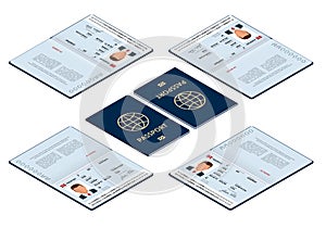 Vector isometric Blank open passport template. International passport with sample personal data page. Document for