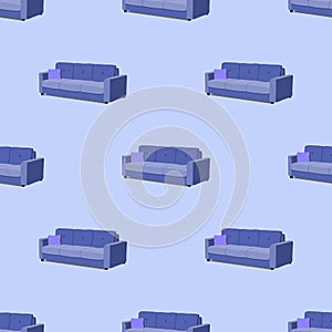 Vector isometric blue sofa seamless pattern EPS