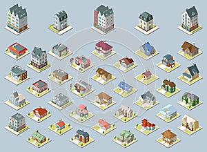 Vector isometric buildings set. Isolated on blue background.