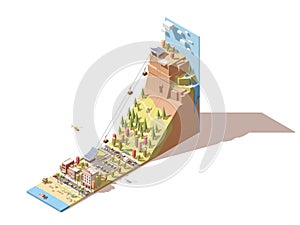 Vector isometric cableway from the beach to the hill infographic