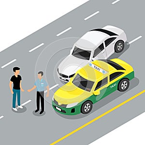 Vector isometric car accident on road, vector illustration