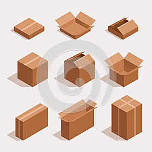 Vector isometric cardboard boxes. Box icon, boxes isolated vector illustration on white