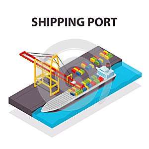 Vector isometric cargo container ship and crane concept