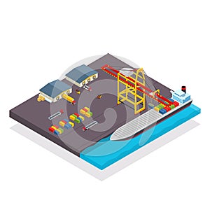 Vector isometric cargo container ship and crane concept with loading containers. Cargo terminal with container ship