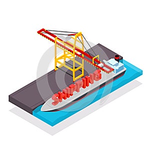 Vector isometric cargo container ship and crane