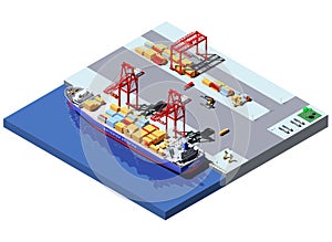 Vector isometric cargo port with two cranes unloading containers from container ship