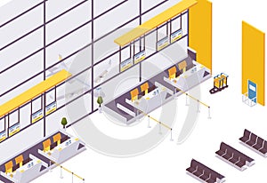 Vector isometric check-in counter for flight, baggage weighing, ticketing at the airport interior scene