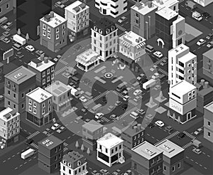 Vector isometric city. Black and white town district. Street Intersection road 3d. Very high vector detail monochromatic.