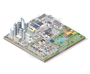 Vector isometric city with buildings, people and vehicles photo