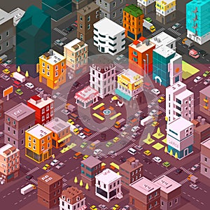 Vector isometric city. Cartoon town district. Street Intersection road 3d. Very high detail projection. Cars end