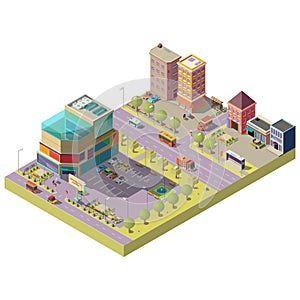 Vector isometric city center with shopping mall