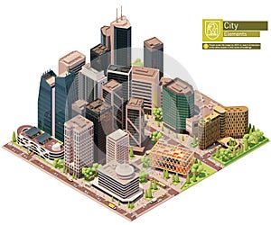 Vector isometric city downtown. Central business district of the city. City center includes skyscrapers, buildings, offices, multi