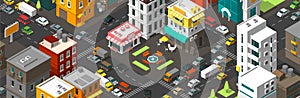 Vector isometric city horizontal banner. Cartoon town district. Street Intersection road 3d. Very high detail projection