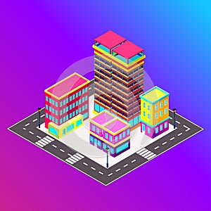 Vector isometric city with skysrapers. Town infographic illustration.