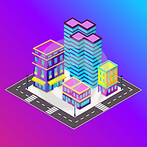 Vector isometric city with skysrapers. Town infographic illustration.