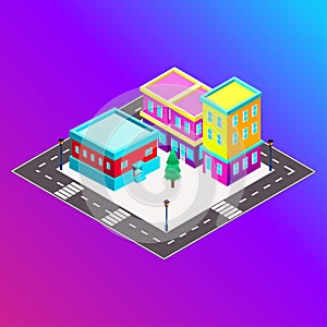 Vector isometric city with skysrapers. Town infographic illustration.