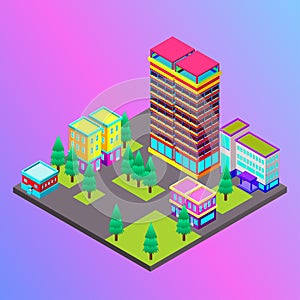 Vector isometric city with skysrapers. Town infographic illustration.