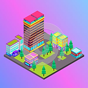 Vector isometric city with skysrapers. Town infographic illustration.