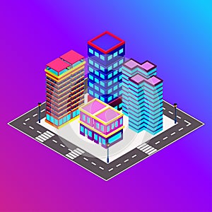 Vector isometric city with skysrapers. Town infographic illustration.