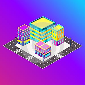 Vector isometric city with skysrapers. Town infographic illustration.