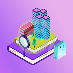 Vector isometric city with skysrapers. Town infographic illustration.